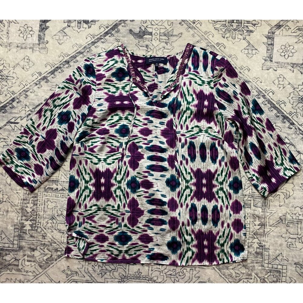 Jones New York Signature Petite Medium Purple Top 3/4 Sleeve V-Neck Womens Shirt